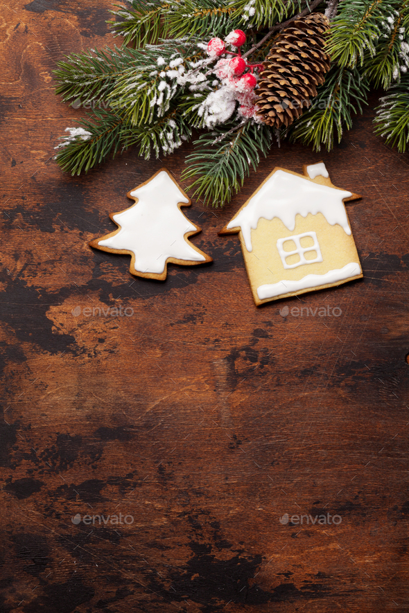Christmas greeting card with gingerbread cookies - Stock Photo - Images