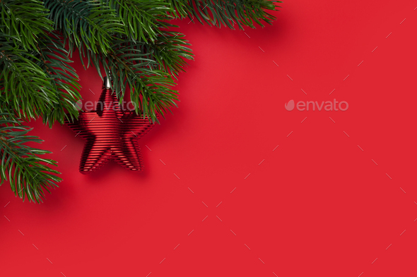 Christmas card with decor and fir tree branch - Stock Photo - Images
