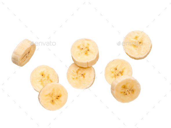 group of pairs of two slices of banana, isolated
