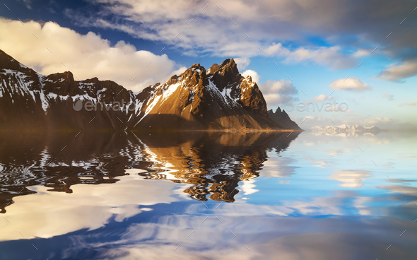 Sunset at Vestrahorn Mountain and Stokksnes beach. Iceland - Stock Photo - Images