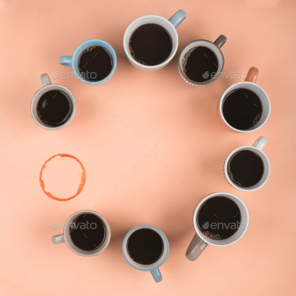 Coffee in the different cups on the pink background. Flatlay, cheerful day concept - Stock Photo - Images
