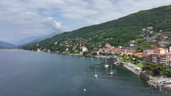 Aerial Drone Shot of the Town of Verbania, in the middle of the Lago Maggiore alt