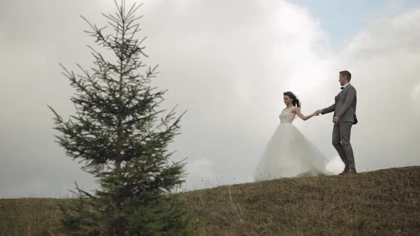 Lovely Young Newlyweds Bride Groom Walking on Mountain Slope Holding Hands Wedding Couple Family alt