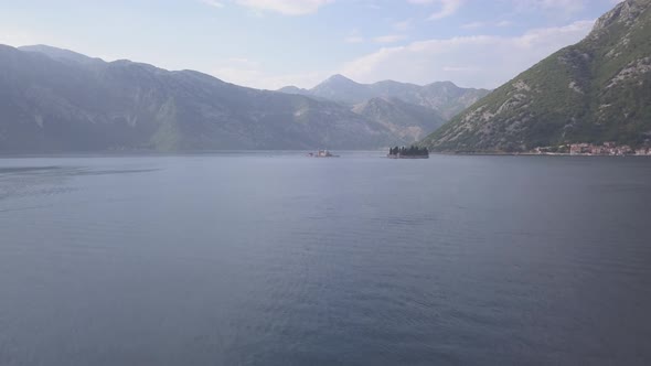 Aerial Footage of St. George and Monastery on the Islands Near Perast Town in Kotor Bay