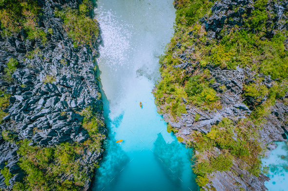Aerial top down view of entrance into Big Lagoon at Miniloc Island, El Nido, Palawan, Philippines - Stock Photo - Images