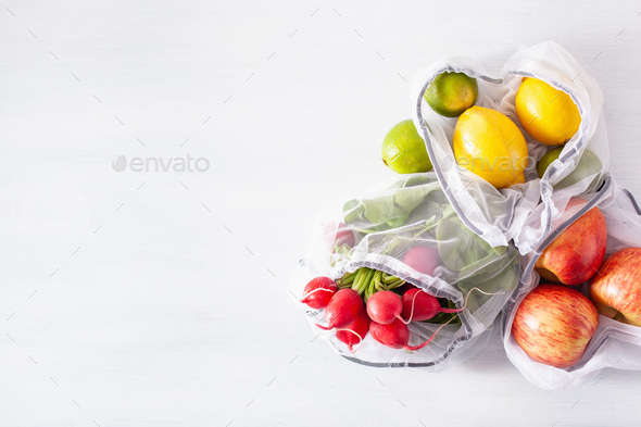 fruits and vegetables in reusable mesh nylon bag, plastic free z