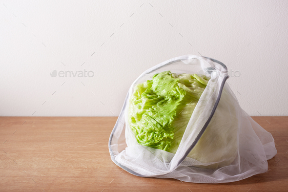 lettuce in reusable mesh nylon bag, plastic free zero waste conc