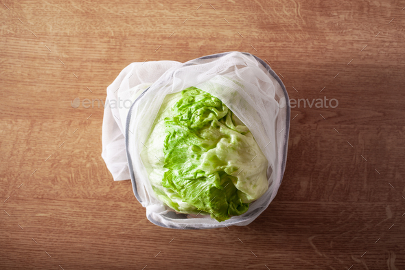 lettuce in reusable mesh nylon bag, plastic free zero waste conc
