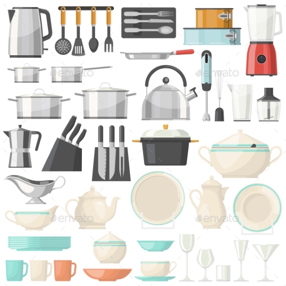 Kitchen Utensils and Crockery Glassware Dish, Vectors GraphicRiver