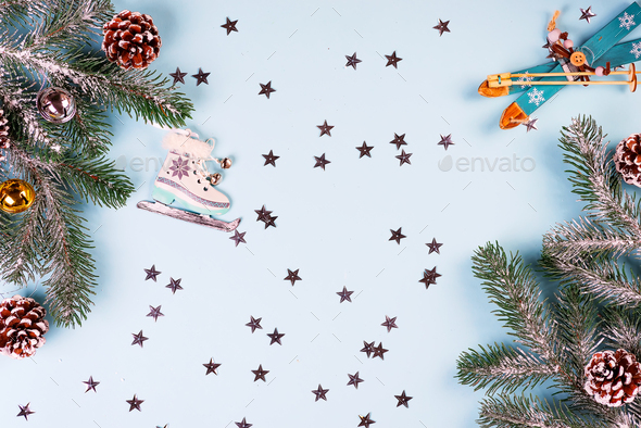 Christmas frame-postcard from decorative Christmas toys, fir, cones, balls, golden stars, sledge - Stock Photo - Images