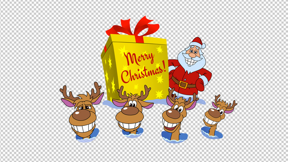 Deers And Santa With Christmas Gift