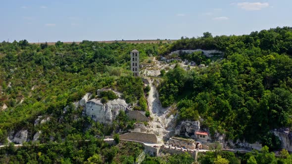 Holy place and monastery. Aerial view of rock structure is monastery built alt