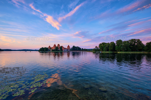 Trakai Island Castle in lake Galve, Lithuania - Stock Photo - Images