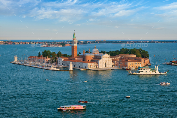 Aerial view of Venice lagoon with boats and San Giorgio di Maggiore church. Venice, Italy - Stock Photo - Images
