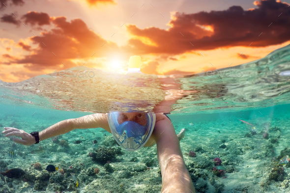 Snorkeling near a tropical island. Young man swims in the water. Sea vacation