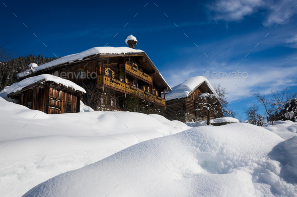 Traditional ski resort chalets in the snow
