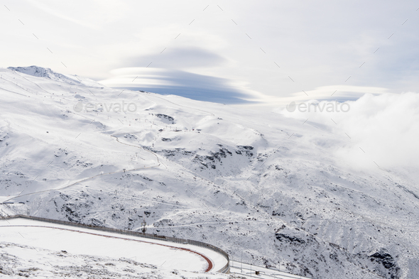 Ski resort of Sierra Nevada in winter, full of snow - Stock Photo - Images