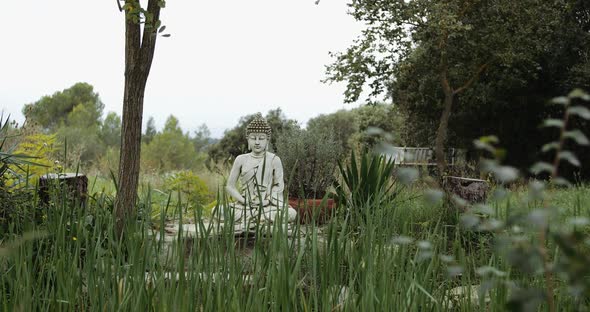 Buddha Statue in a Garden on a Cloudy Day
