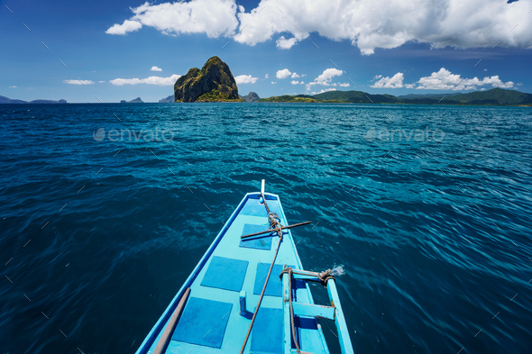 El Nido, Palawan, Philippines. Traditional banca boat on the way to amazing Pinagbuyatan Island. A - Stock Photo - Images