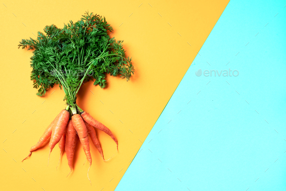 Bunch of young carrots with green tops on trendy yellow and green background. Top view. Copy space - Stock Photo - Images