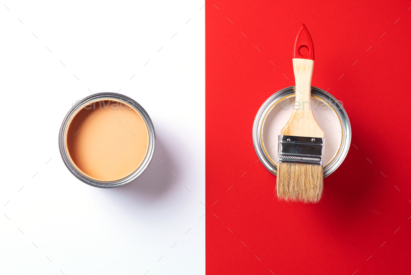 Wooden paint brush, open paint cans on trendy red and white background. Top view, copy space - Stock Photo - Images