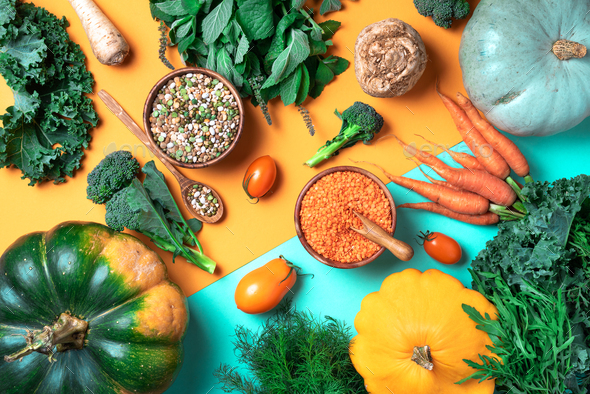 Vegan and vegetarian diet, harvest concept. Autumn vegetables, lentils, beans, raw ingredients for - Stock Photo - Images