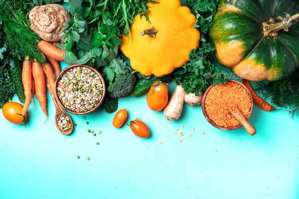 Vegan and vegetarian diet, harvest concept. Autumn vegetables, lentils, beans, raw ingredients for - Stock Photo - Images