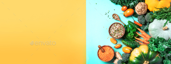 Vegan and vegetarian diet, harvest concept. Autumn vegetables, lentils, beans, raw ingredients for - Stock Photo - Images