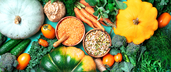 Vegan and vegetarian diet, harvest concept. Autumn vegetables, lentils, beans, raw ingredients for - Stock Photo - Images