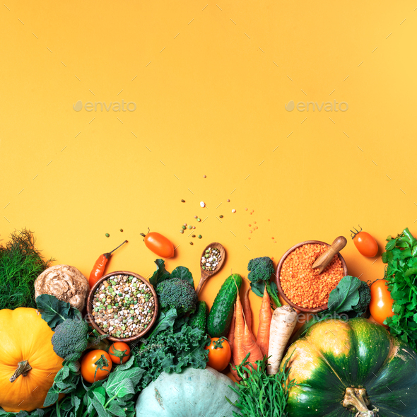 Vegan and vegetarian diet, harvest concept. Autumn vegetables, lentils, beans, raw ingredients for - Stock Photo - Images