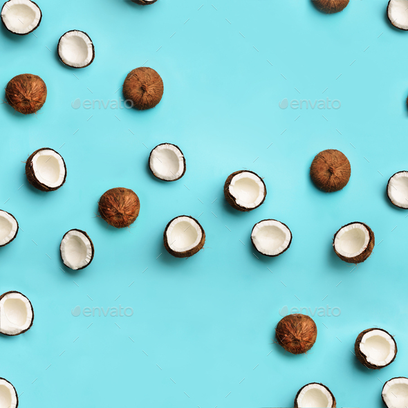 Pattern with ripe coconuts on blue background. Square crop. Top View. Copy Space. Pop art design - Stock Photo - Images