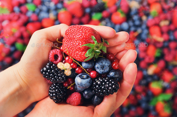 Woman hands holding organic fresh berries against the background of strawberry, blueberry - Stock Photo - Images