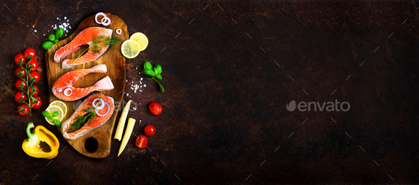 Salmon fillet, fish on wooden background with free space for your text. Top view. Healthy food, diet - Stock Photo - Images