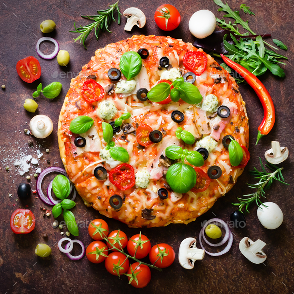 Food ingredients and spices for cooking mushrooms, tomatoes, cheese, onion, oil, pepper, salt, basil - Stock Photo - Images