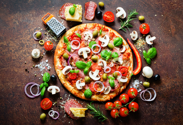 Food ingredients and spices for cooking delicious italian pizza. Mushrooms, tomatoes, cheese, onion - Stock Photo - Images