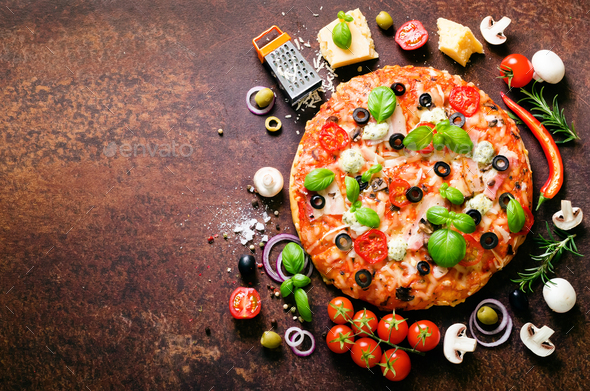Food ingredients and spices for cooking delicious italian pizza. Mushrooms, tomatoes, cheese, onion - Stock Photo - Images