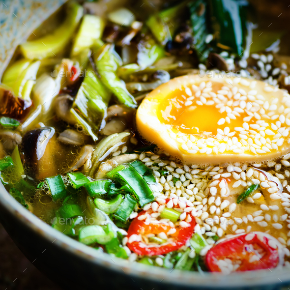 Ramen Soup in Bowl. Rich flavour chicken broth with Miso paste, grilled teriyaki chicken, leeks - Stock Photo - Images