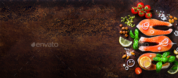Salmon fillet, fish on wooden background with free space for your text. Top view. Healthy food, diet - Stock Photo - Images