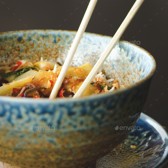 Asian rice with pork, Mu-err mushrooms, napa cabbage, pickled bamboo shoots, spinach, Teriyaki - Stock Photo - Images