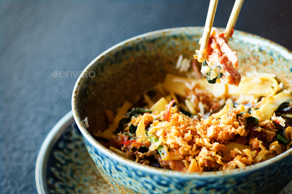 Asian rice with pork, Mu-err mushrooms, napa cabbage, pickled bamboo shoots, spinach, Teriyaki - Stock Photo - Images