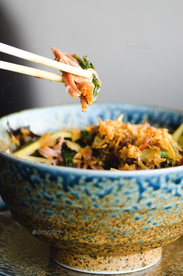 Asian rice with pork, Mu-err mushrooms, napa cabbage, pickled bamboo shoots, spinach, Teriyaki - Stock Photo - Images