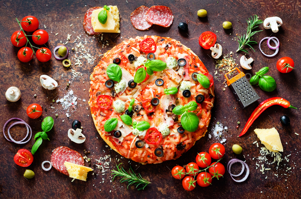 Food ingredients and spices for cooking delicious italian pizza. Mushrooms, tomatoes, cheese, onion - Stock Photo - Images
