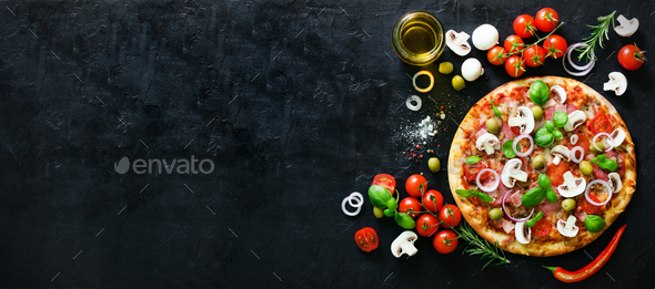 Food ingredients and spices for cooking mushrooms, tomatoes, cheese, onion, oil, pepper, salt, basil - Stock Photo - Images