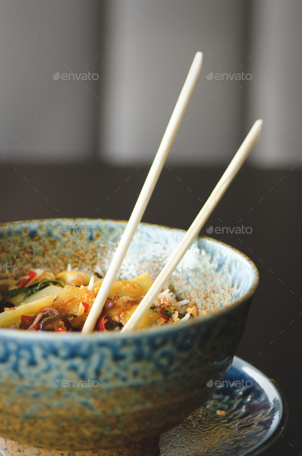 Asian rice with pork, Mu-err mushrooms, napa cabbage, pickled bamboo shoots, spinach, Teriyaki - Stock Photo - Images