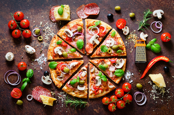Food ingredients and spices for cooking delicious italian pizza. Mushrooms, tomatoes, cheese, onion - Stock Photo - Images