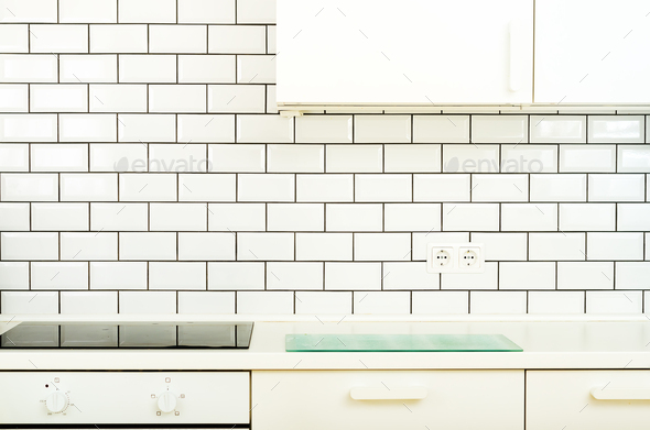 White interior design, modern and minimalist style kitchen with household appliances. Open space in - Stock Photo - Images