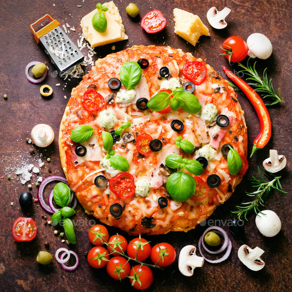 Food ingredients and spices for cooking mushrooms, tomatoes, cheese, onion, oil, pepper, salt, basil - Stock Photo - Images