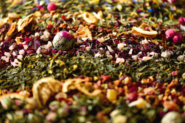 Tea background: green, black, floral, herbal, mint, melissa, ginger, apple, rose, lime tree, fruits - Stock Photo - Images