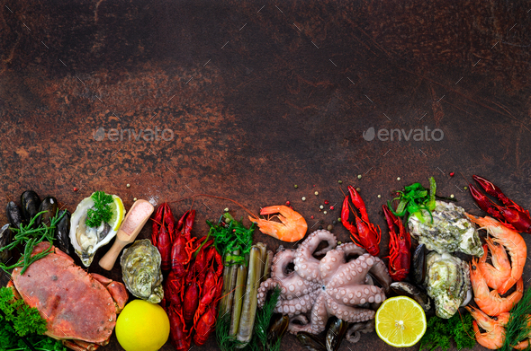 Seafood background - fresh mussels, molluscs, oysters, octopus, razor shells, shrimps, crab - Stock Photo - Images