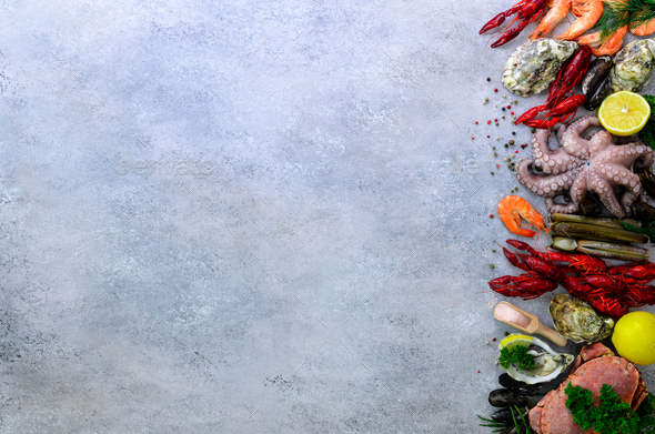 Seafood background - fresh mussels, molluscs, oysters, octopus, razor shells, shrimps, crab - Stock Photo - Images